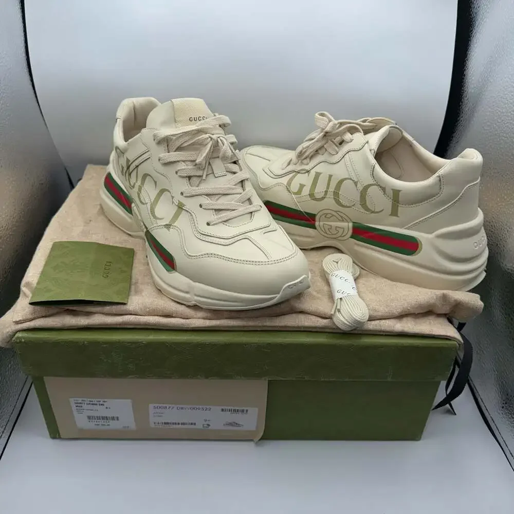 Gucci Men's Rhyton Leather Sneaker with Logo in Ivory